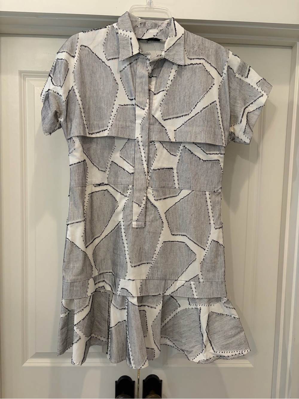 HUNTER BELL White and Black Abstract Patchwork Short Sleeve Dress